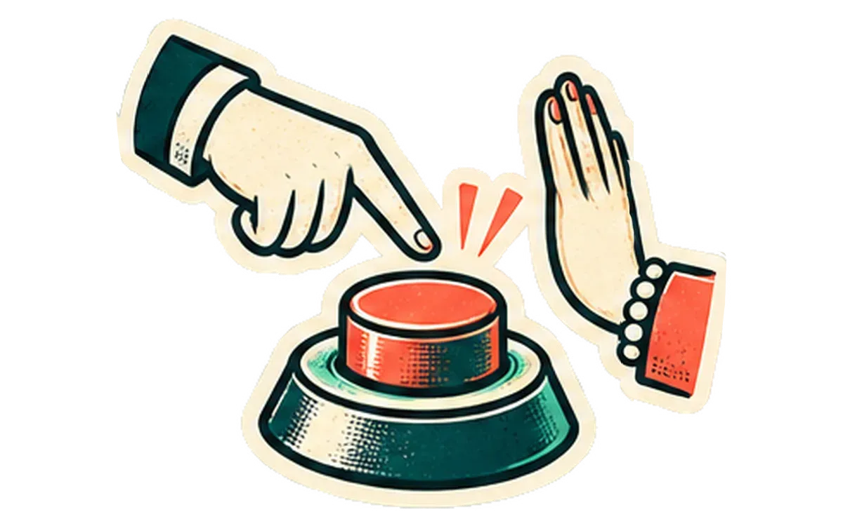 A hand pressing a big red button while another hand signals stop.