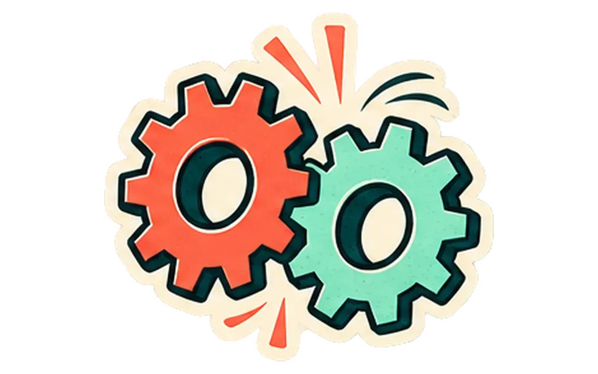 Two interlocking cogs, one coral and one mint.