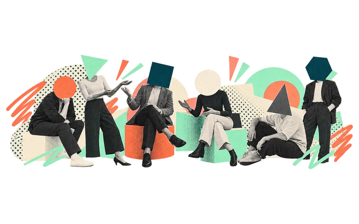 A group of seated and standing people, their faces replaced by colourful shapes, deep in conversation.