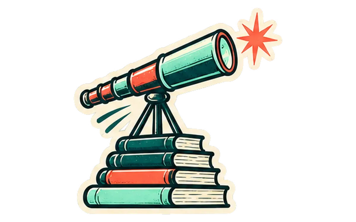 A telescope on a stack of books, pointing up at a bright star.